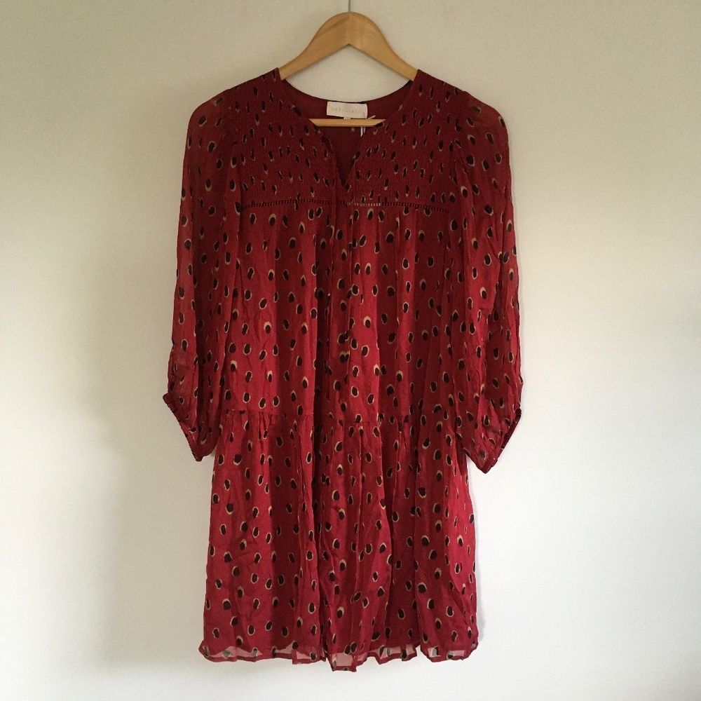 Caballero Vanya Tiered Shift Dress In Peacock Red Dot Sz S Red Black Boho $278